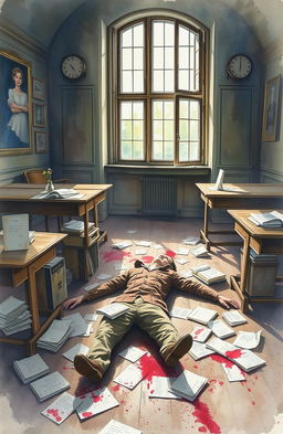 A haunting yet emotionally charged watercolor painting depicting a scene in a Sorbonne University classroom, featuring the body of a murdered person lying on the floor amidst scattered books and papers