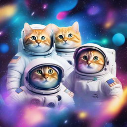 Astronaut cats floating in space with vibrant cosmic galaxies in the background