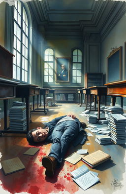 A haunting yet emotionally charged watercolor painting depicting a scene in a Sorbonne University classroom, featuring the body of a murdered person lying on the floor amidst scattered books and papers