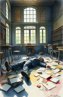 A haunting yet emotionally charged watercolor painting depicting a scene in a Sorbonne University classroom, featuring the body of a murdered person lying on the floor amidst scattered books and papers