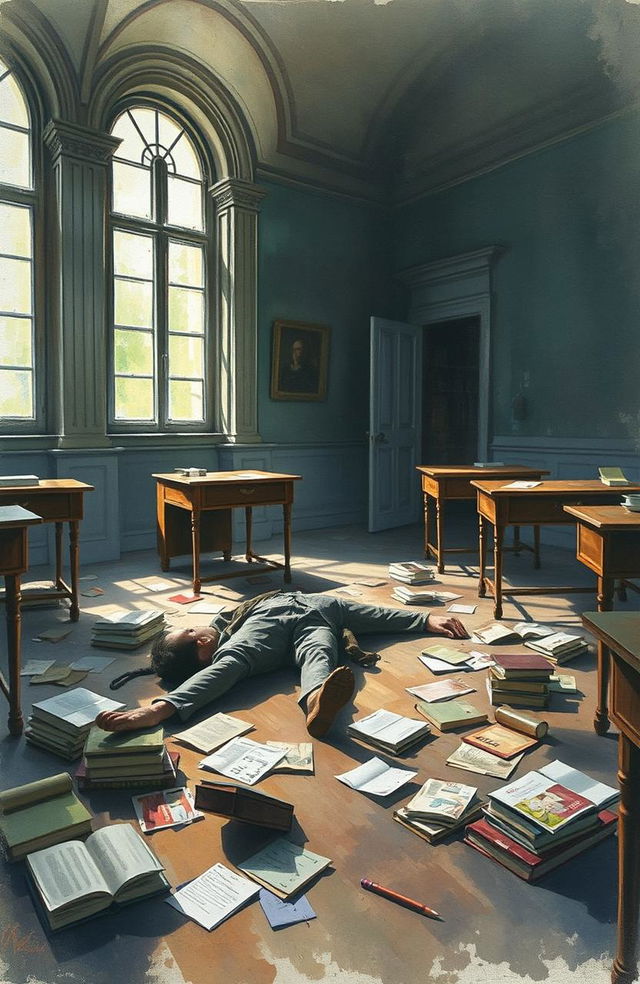 A haunting yet emotionally charged watercolor painting depicting a scene in a Sorbonne University classroom, featuring the body of a murdered person lying on the floor amidst scattered books and papers