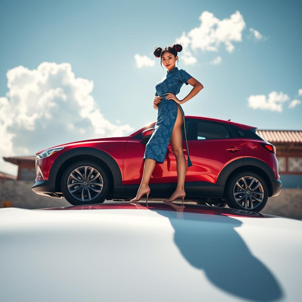 An artistic portrayal of Chun-Li standing barefoot on the roof of a striking red Mazda CX-3