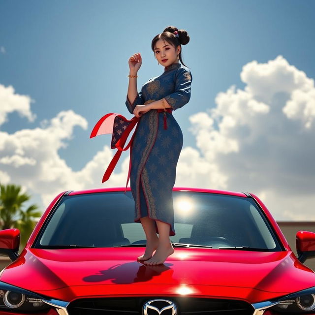 An artistic portrayal of Chun-Li standing barefoot on the roof of a striking red Mazda CX-3