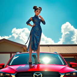 An artistic portrayal of Chun-Li standing barefoot on the roof of a striking red Mazda CX-3