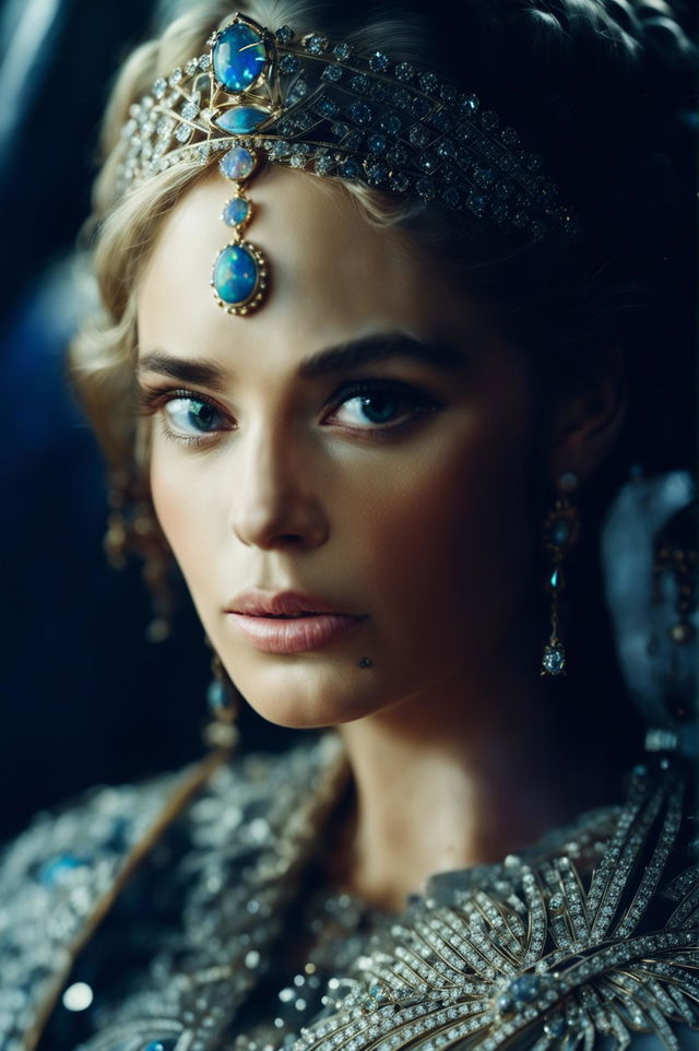 A cinematic HD photograph of a classically beautiful woman adorned with gold and opal earrings and a diamond-encrusted tiara for a coronation