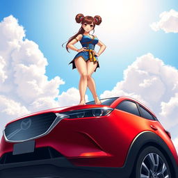 A detailed and vibrant illustration of Chun-Li from Street Fighter 6, standing barefoot on the roof of a striking red Mazda CX-3