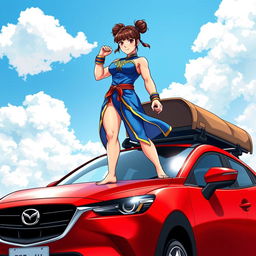 A detailed and vibrant illustration of Chun-Li from Street Fighter 6, standing barefoot on the roof of a striking red Mazda CX-3