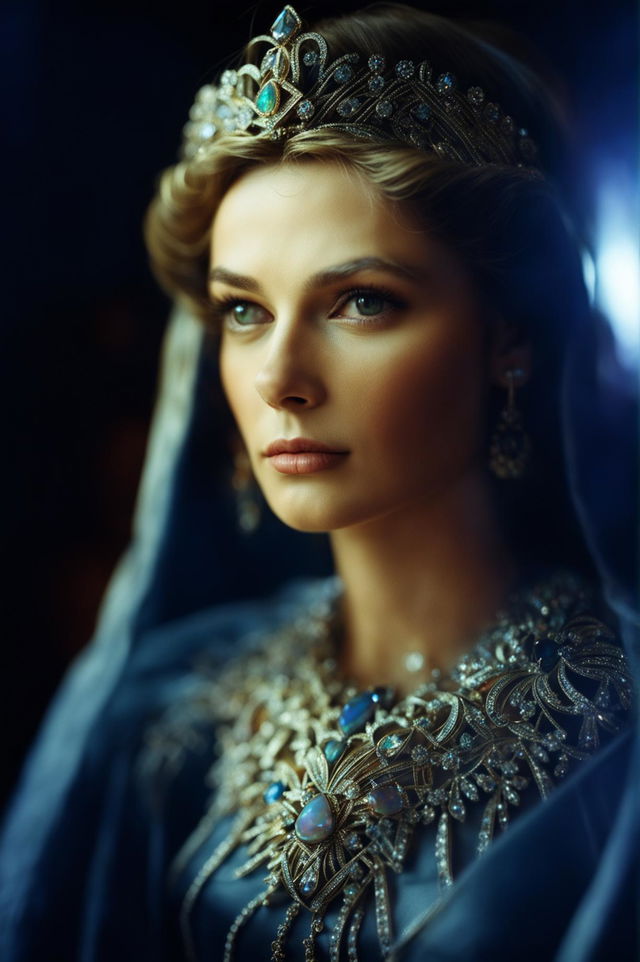 A 50mm cinematic HD photograph of a classically beautiful woman adorned with gold and opal earrings and a diamond-encrusted tiara for a coronation