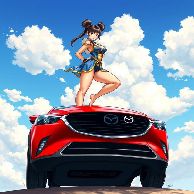 A detailed and vibrant illustration of Chun-Li from Street Fighter 6, standing barefoot on the roof of a striking red Mazda CX-3