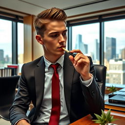 A young Member of Parliament (MP) in a stylish office is casually smoking a cannabis joint