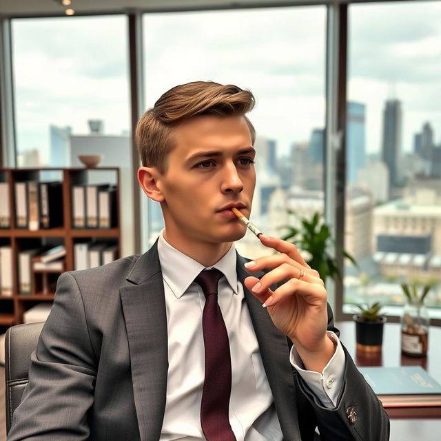 A young Member of Parliament (MP) in a stylish office is casually smoking a cannabis joint