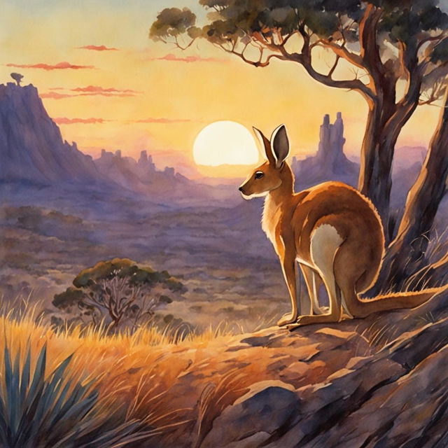 A retro-style Studio Ghibli watercolor painting featuring a detailed kangaroo in an Australian outback setting during dusk.