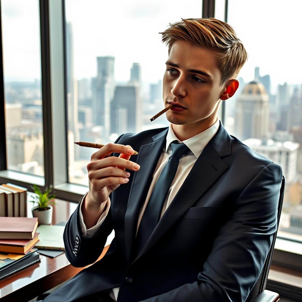 A young Member of Parliament (MP) in a stylish office is casually smoking a cannabis joint