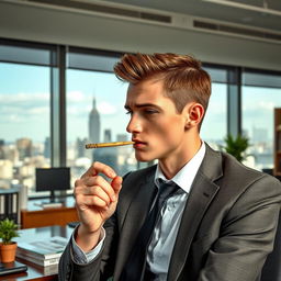 A young Member of Parliament (MP) in a stylish office is casually smoking a cannabis joint