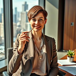 A young Member of Parliament (MP) with short, stylish hair is sitting in a modern office, casually smoking a cannabis joint