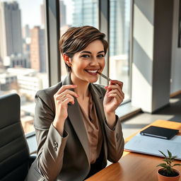 A young Member of Parliament (MP) with short, stylish hair is sitting in a modern office, casually smoking a cannabis joint