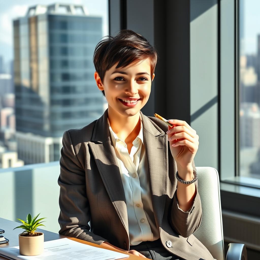 A young Member of Parliament (MP) with short, stylish hair is sitting in a modern office, casually smoking a cannabis joint