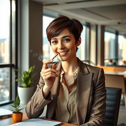 A young Member of Parliament (MP) with short, stylish hair is sitting in a modern office, casually smoking a cannabis joint