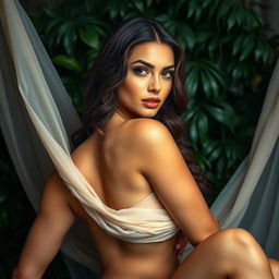 A beautiful woman inspired by Gal Gadot, posed elegantly in an artistic and tasteful nude setting