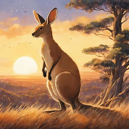 A retro-style Studio Ghibli watercolor painting featuring a detailed kangaroo in an Australian outback setting during dusk.