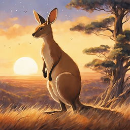 A retro-style Studio Ghibli watercolor painting featuring a detailed kangaroo in an Australian outback setting during dusk.