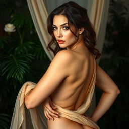A beautiful woman inspired by Gal Gadot, posed elegantly in an artistic and tasteful nude setting