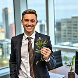 A young male Member of Parliament (MP) stands confidently in his office, holding a healthy cannabis plant