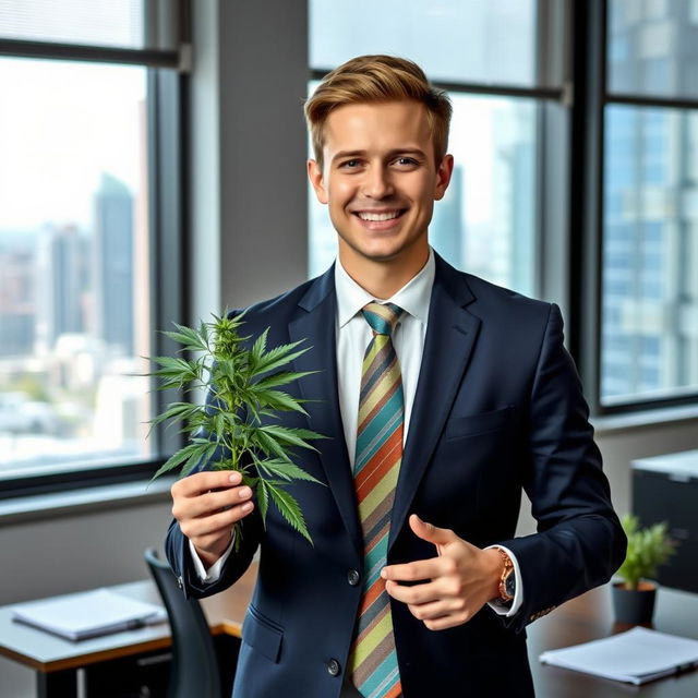 A young male Member of Parliament (MP) stands confidently in his office, holding a healthy cannabis plant