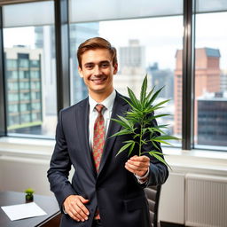 A young male Member of Parliament (MP) stands confidently in his office, holding a healthy cannabis plant
