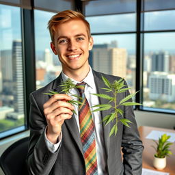A young male Member of Parliament (MP) stands confidently in his office, holding a healthy cannabis plant