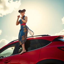A striking image of Chun-Li standing barefoot on the roof of a bold red Mazda CX-3