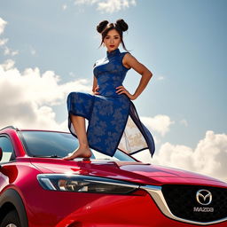 A striking image of Chun-Li standing barefoot on the roof of a bold red Mazda CX-3