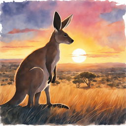 A retro-style Studio Ghibli watercolor painting featuring a detailed kangaroo in an Australian outback setting during dusk.