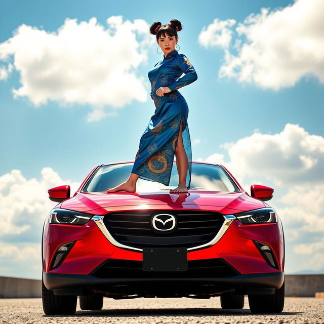 A striking image of Chun-Li standing barefoot on the roof of a bold red Mazda CX-3