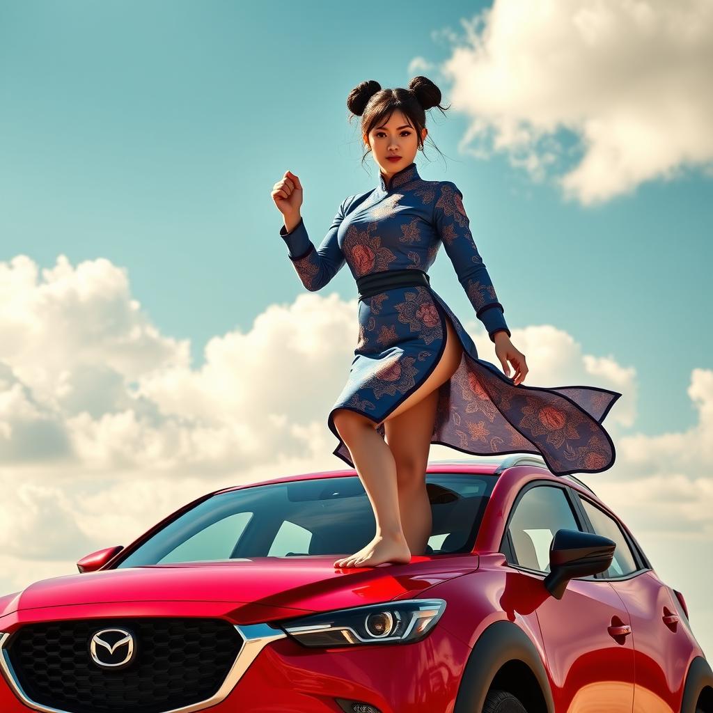 A striking image of Chun-Li standing barefoot on the roof of a bold red Mazda CX-3