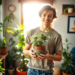 A young man standing proudly in a sunlit room, holding a decorative pot with a healthy cannabis plant growing out of it