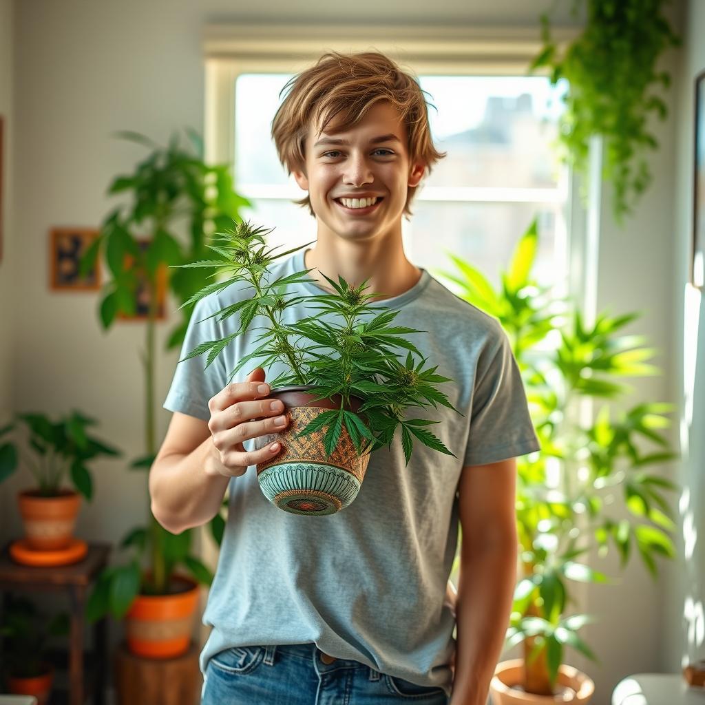 A young man standing proudly in a sunlit room, holding a decorative pot with a healthy cannabis plant growing out of it