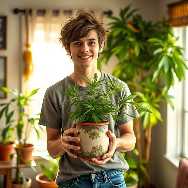 A young man standing proudly in a sunlit room, holding a decorative pot with a healthy cannabis plant growing out of it