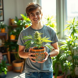 A young man standing proudly in a sunlit room, holding a decorative pot with a healthy cannabis plant growing out of it