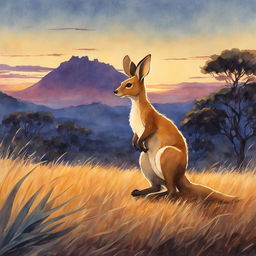 A retro-style Studio Ghibli watercolor painting featuring a detailed kangaroo in an Australian outback setting during dusk.