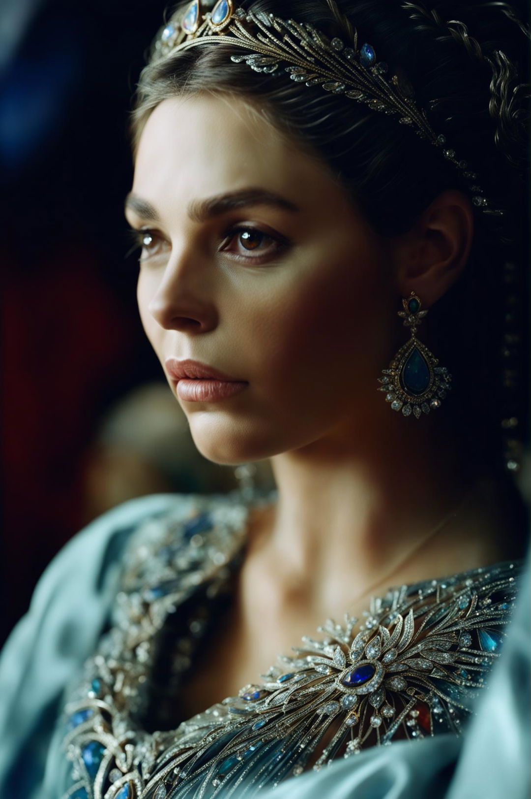 A mid-shot HD cinematic photograph of a classically beautiful woman adorned with gold and opal earrings and a diamond-encrusted tiara for a coronation