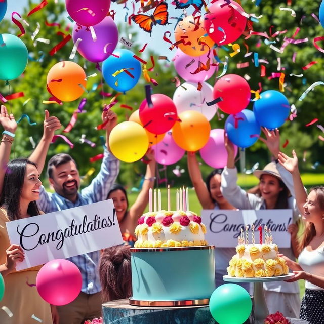 Congratulations on your achievement! A festive scene filled with vibrant colors as confetti rains down, people joyfully celebrating, holding balloons and banners that read 'Congratulations!' in elegant lettering