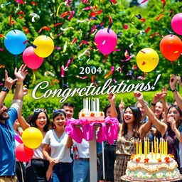 Congratulations on your achievement! A festive scene filled with vibrant colors as confetti rains down, people joyfully celebrating, holding balloons and banners that read 'Congratulations!' in elegant lettering