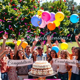 Congratulations on your achievement! A festive scene filled with vibrant colors as confetti rains down, people joyfully celebrating, holding balloons and banners that read 'Congratulations!' in elegant lettering