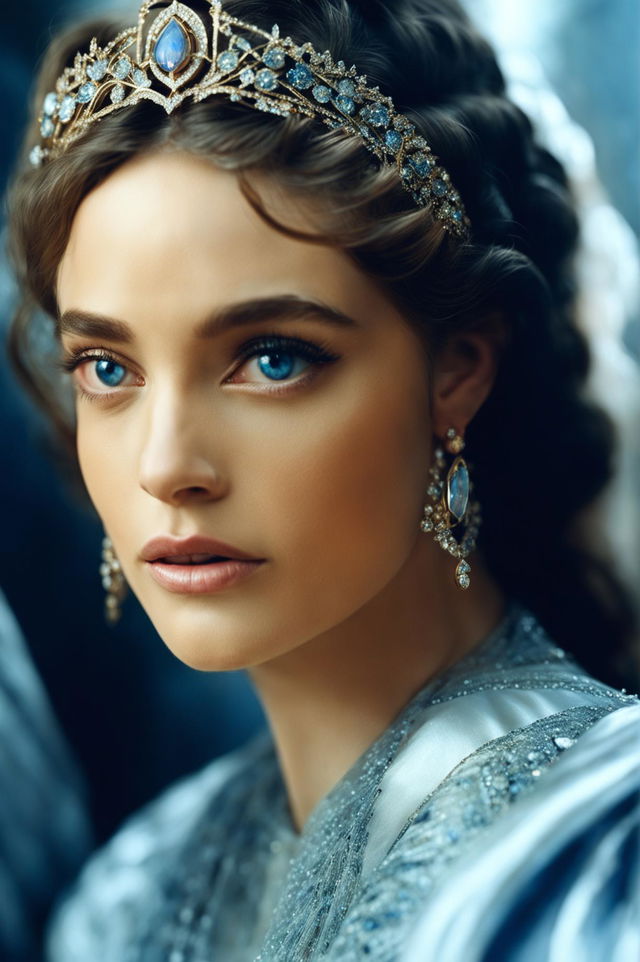 A mid-shot HD cinematic photograph of a classically beautiful woman with dark blue irises, beautiful dark eyelashes, and dark blonde hair, adorned with gold and opal earrings and a diamond-encrusted tiara for a coronation