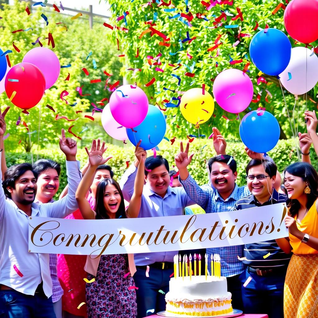 Congratulations on your achievement! A festive scene filled with vibrant colors as confetti rains down, people joyfully celebrating, holding balloons and banners that read 'Congratulations!' in elegant lettering