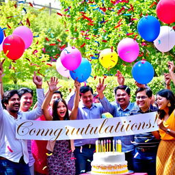 Congratulations on your achievement! A festive scene filled with vibrant colors as confetti rains down, people joyfully celebrating, holding balloons and banners that read 'Congratulations!' in elegant lettering