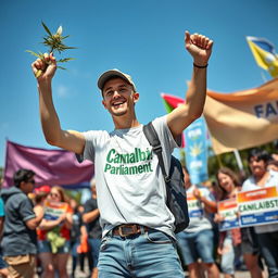 A young man energetically campaigning for parliament outdoors, holding a vibrant cannabis plant in one hand as he engages with a crowd of enthusiastic supporters