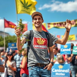 A young man energetically campaigning for parliament outdoors, holding a vibrant cannabis plant in one hand as he engages with a crowd of enthusiastic supporters