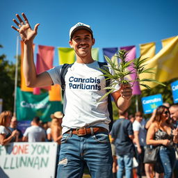 A young man energetically campaigning for parliament outdoors, holding a vibrant cannabis plant in one hand as he engages with a crowd of enthusiastic supporters